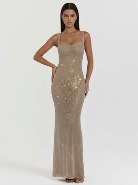 Almond Muse Isabella Gown Size L Gold Crystals Wedding Guest Evening Statement